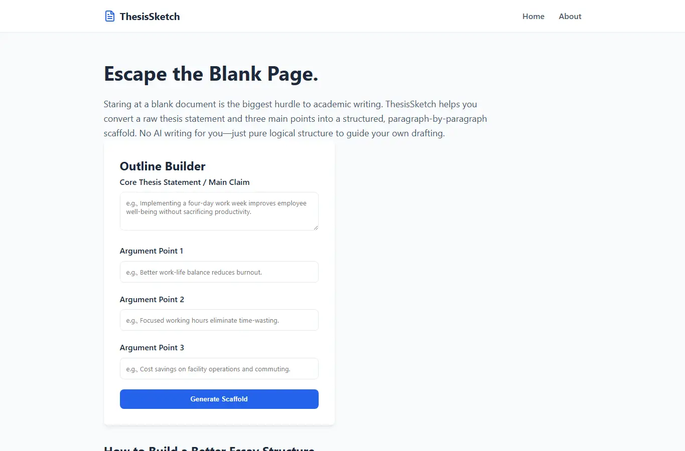 Screenshot of ThesisSketch: Essay Outline Builder interface showing the project page in use